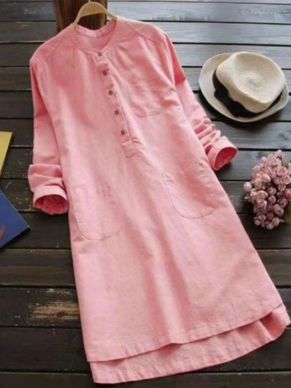 Solid Henley Collar Long Sleeve Midi Shirt Dress – Cotton Linen Blend