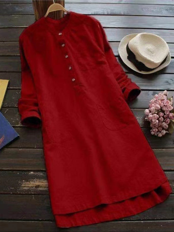 Solid Henley Collar Long Sleeve Midi Shirt Dress – Cotton Linen Blend