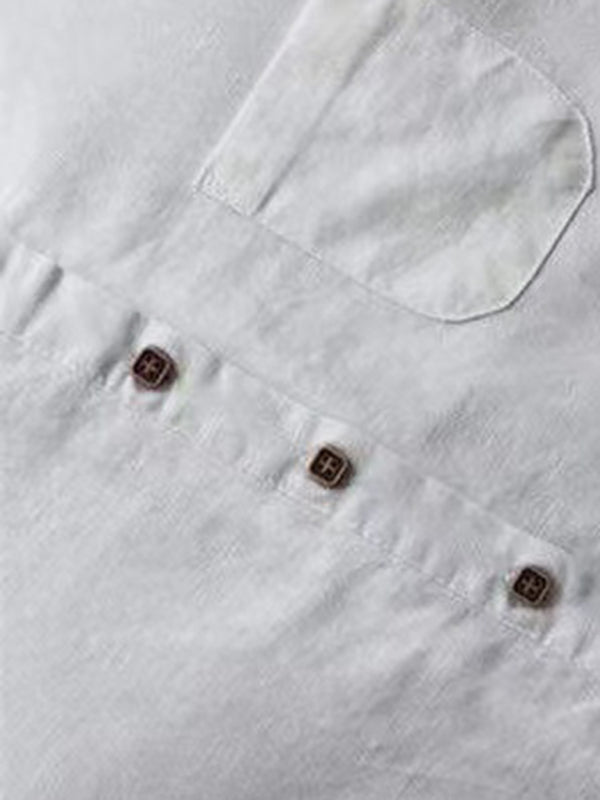 Solid Henley Collar Long Sleeve Midi Shirt Dress – Cotton Linen Blend
