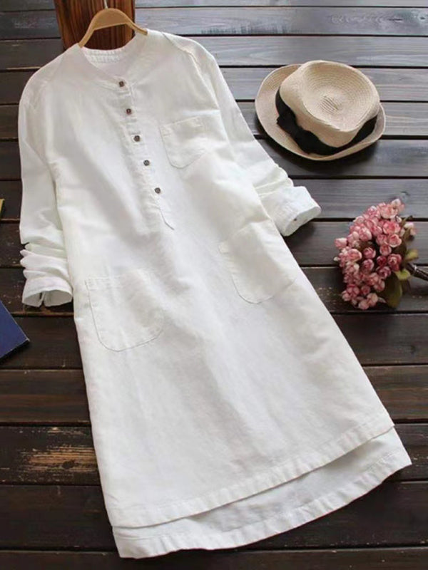 Solid Henley Collar Long Sleeve Midi Shirt Dress – Cotton Linen Blend
