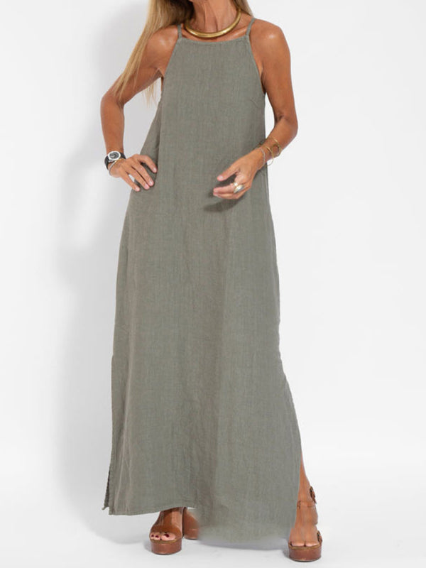 Casual Cotton-Linen Slit Midi Dress – Sleeveless, Lightweight & Chic