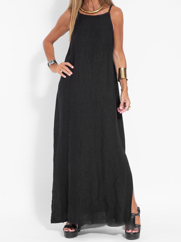 Casual Cotton-Linen Slit Midi Dress – Sleeveless, Lightweight & Chic