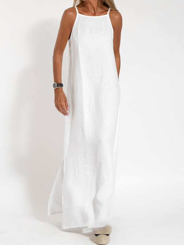 Casual Cotton-Linen Slit Midi Dress – Sleeveless, Lightweight & Chic