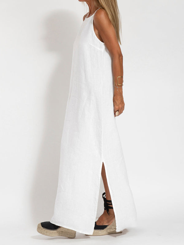 Casual Cotton-Linen Slit Midi Dress – Sleeveless, Lightweight & Chic
