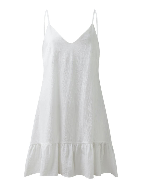 Backless Cotton V-Neck Suspender Dress – Breathable Vacation Style