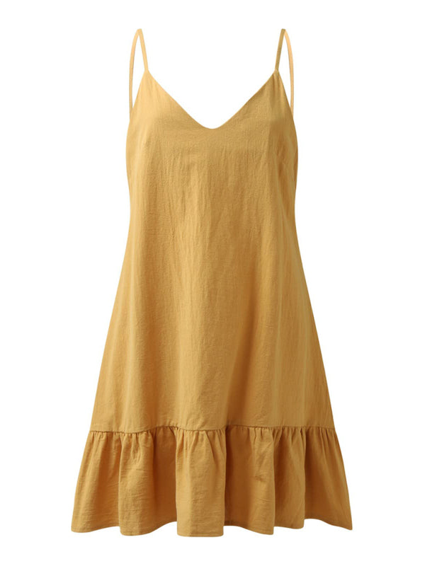 Backless Cotton V-Neck Suspender Dress – Breathable Vacation Style