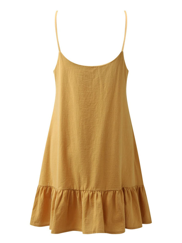 Backless Cotton V-Neck Suspender Dress – Breathable Vacation Style