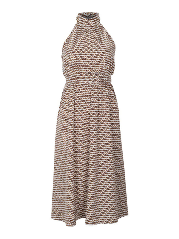 Elegant Halterneck High-Waist Sleeveless A-Line Dress – Corrugated Texture