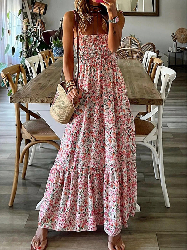Printed Pink Flowy Suspender Dress – Spring-Summer Vacation Maxi