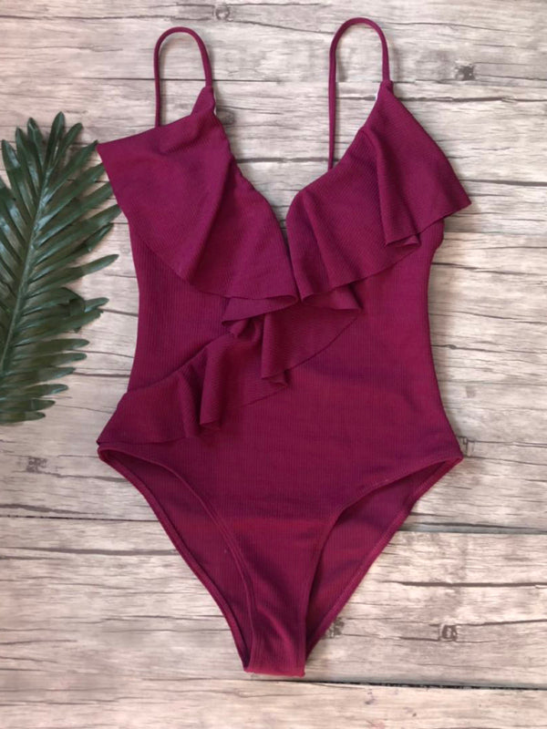New bikini solid color one-piece ruffled sexy shoulder swimsuit Dark red