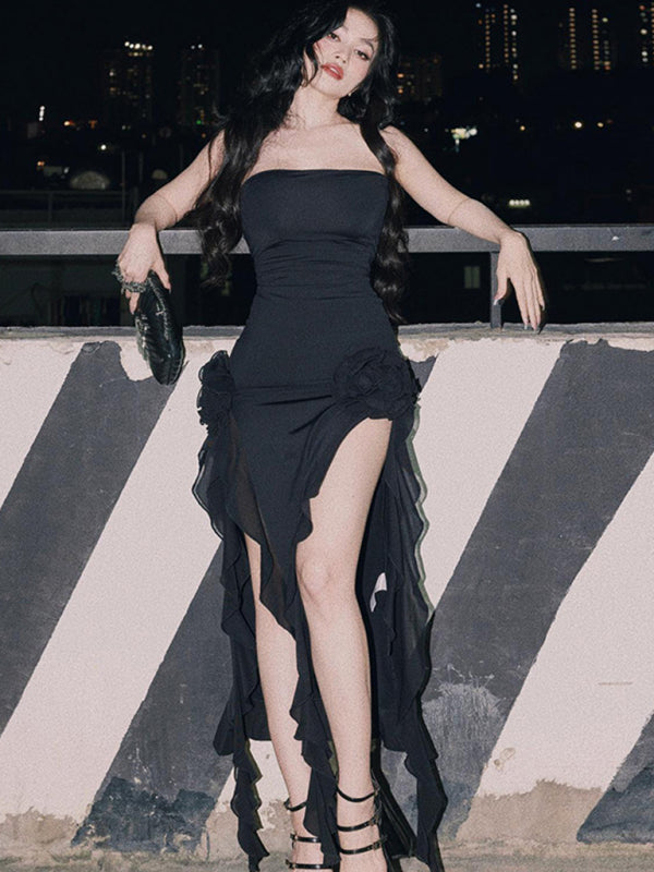 Lace Splice Strapless Slit Dress – Women's Sexy Style
