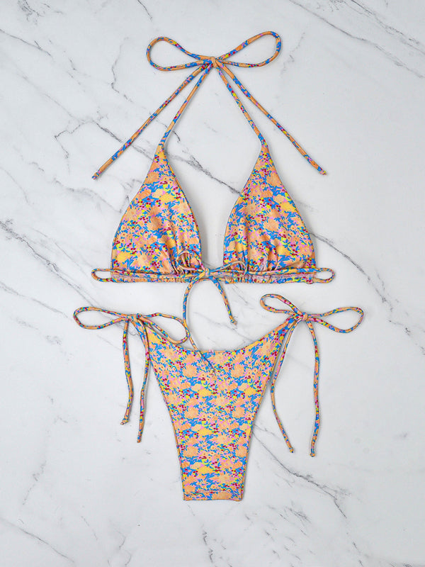 Small Floral Lace-Up Bikini – Adjustable Top & High-Cut Bottom