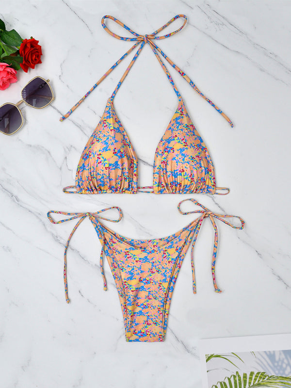 Small Floral Lace-Up Bikini – Adjustable Top & High-Cut Bottom