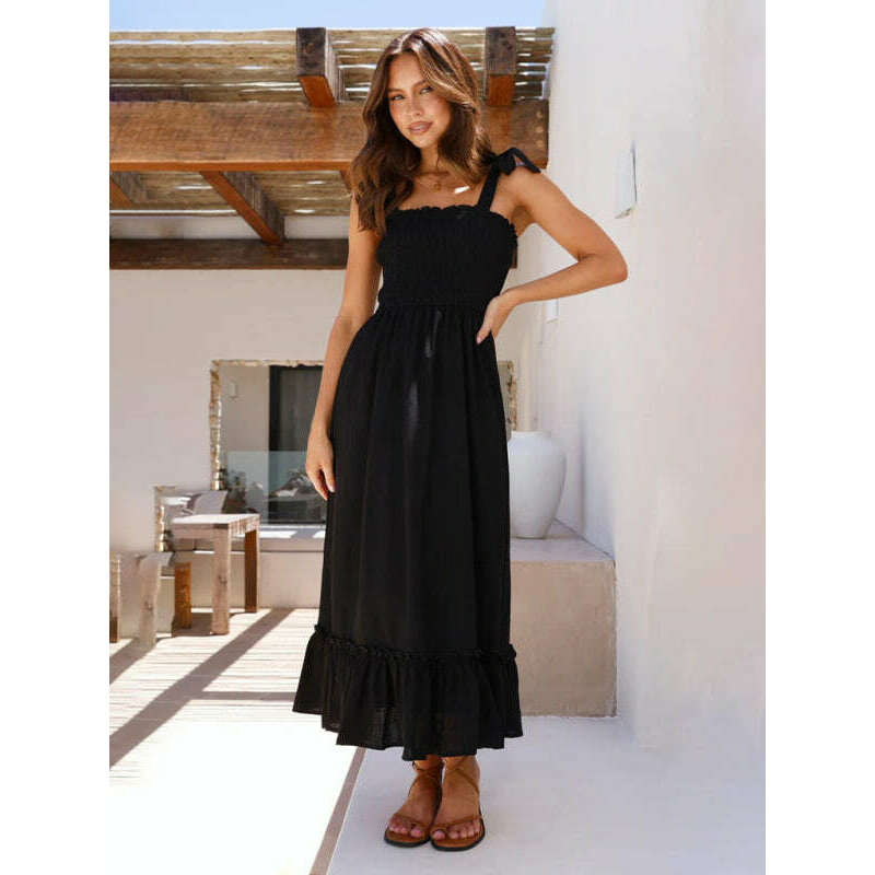 فستان ماكسي أنيق بلون صلب مع حمالات – أنماط رومانسية منسوجة بدون أكمام ابتسامة ماريا --- كل شيء للنساء 34651279