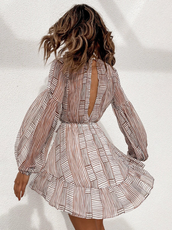 Striped V-Neck Waist-Cinched Mini Dress – Long Sleeve, Spring Style