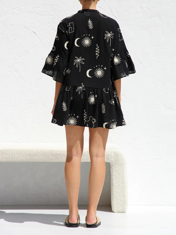 Bell Sleeve Ethnic Style Short Dress – Lightweight, Flowy & Easy Fit