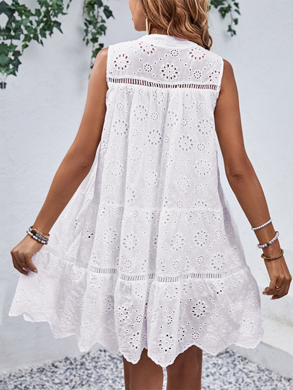 Weißes Patchwork-Babydoll-Kleid aus Spitze – A-Linien-Minikleid für den Frühling und die Feiertage