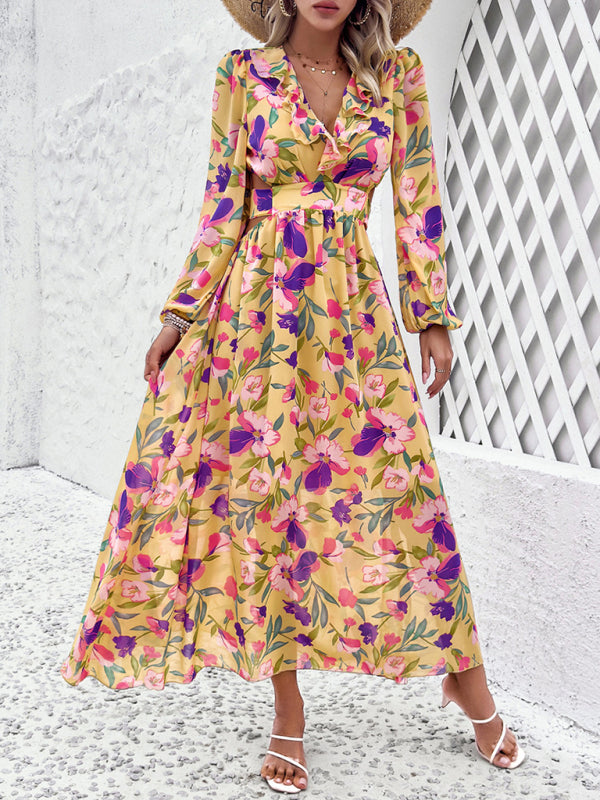 Floral V-Neck Maxi Dress with Ruffle Details & Hollow Waist – Spring Summer Style