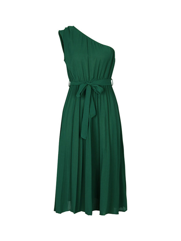 Elegant Off-Shoulder Slant Neck Dress – Solid Color, Graceful Spring Style