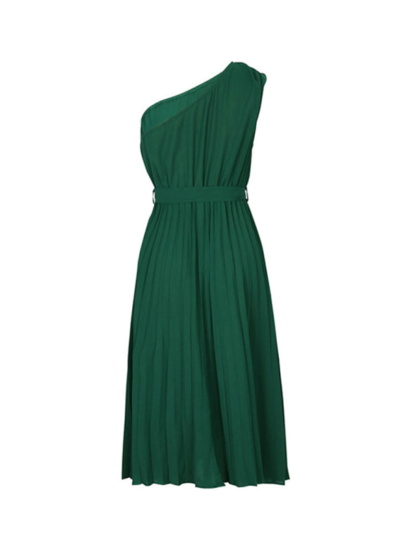 Elegant Off-Shoulder Slant Neck Dress – Solid Color, Graceful Spring Style
