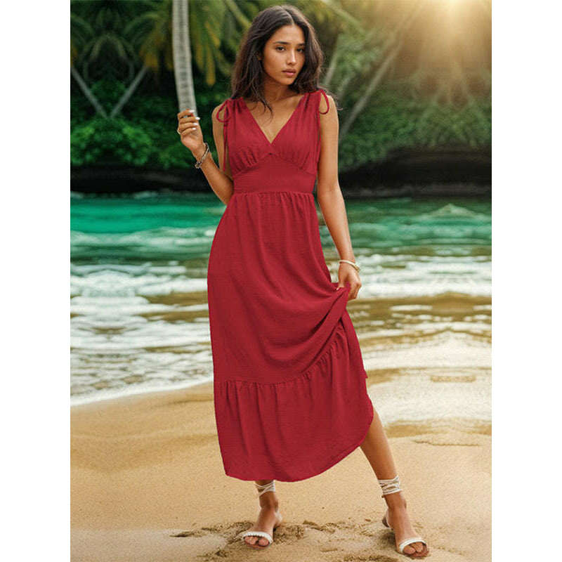 فستان منتجع أنيق بدون ظهر – قماش منسوج، أحزمة كتف قابلة للتعديل بحبل، أحمر، ماريا المبتسمة - كل شيء للنساء 34651546