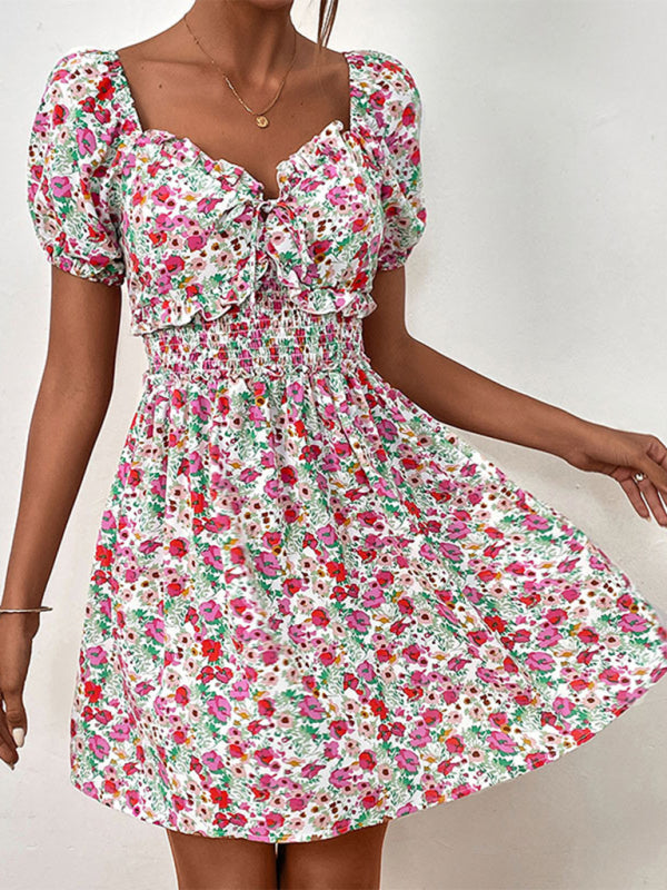 High Waist Puff Sleeve Floral Mini Dress – Spring Summer Violet Rose