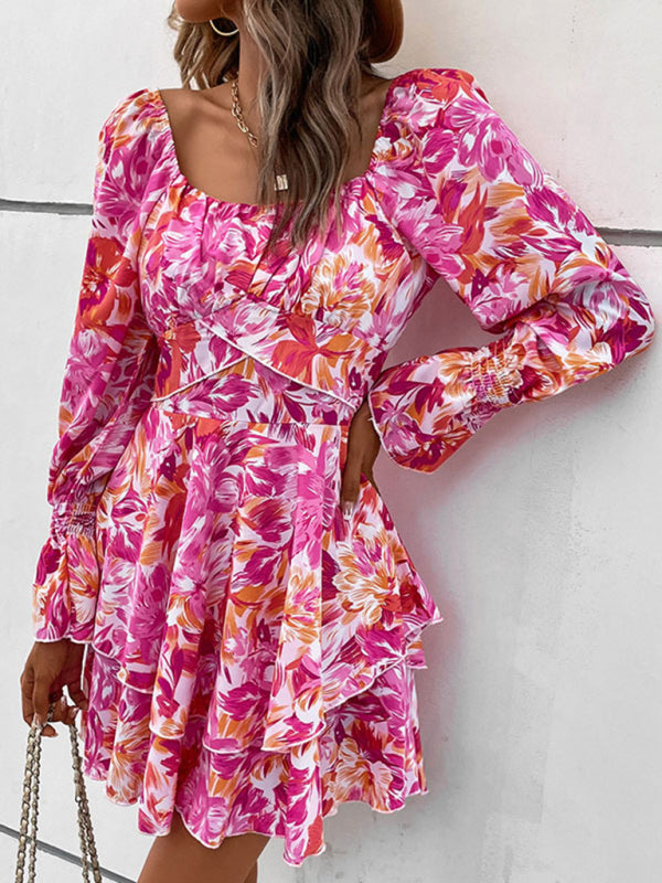 Floral Ruffle Mini Dress – Square Neck, Short Sleeves, Spring Summer Style