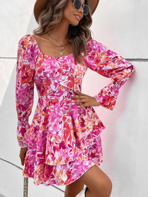 Floral Ruffle Mini Dress – Square Neck, Short Sleeves, Spring Summer Style