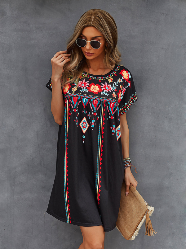 Geometric Print Loose Holiday Dress – Lightweight Woven Polyester, Spring-Summer Style