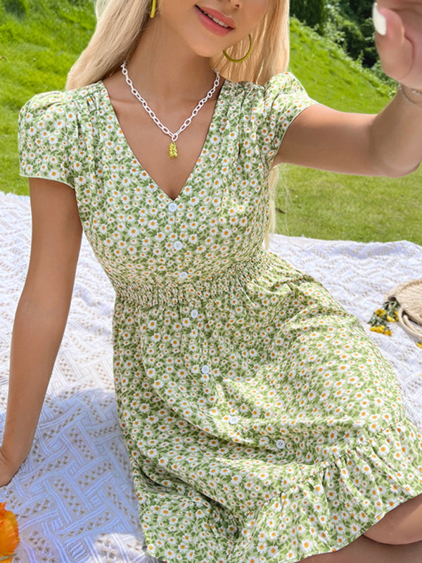 Backless Lace-Up V-Neck Floral Dress – Spring Summer Casual Elegance