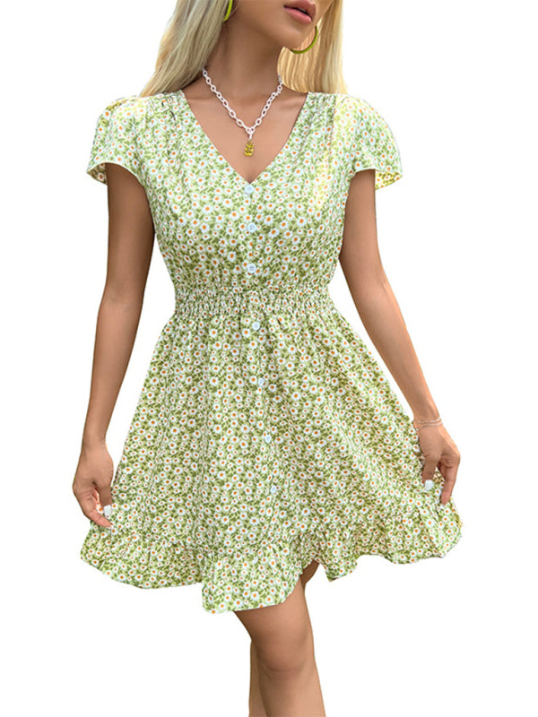 Backless Lace-Up V-Neck Floral Dress – Spring Summer Casual Elegance