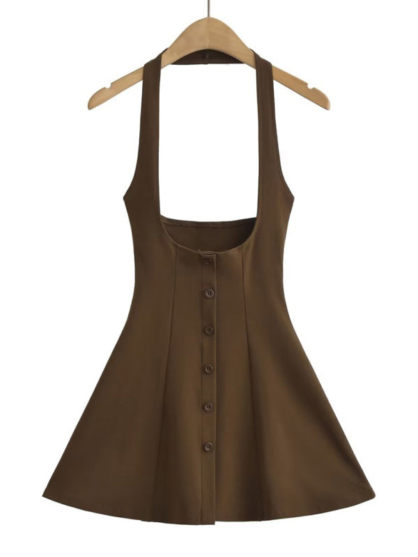 Schirmrock mit breiter Krempe, Neckholder, hoher Taille und mehreren Knöpfen – Baumwollstretch