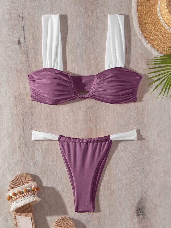 Solid Color Push-Up Pleated Bikini Set – V-Wire Top & High-Cut Bottom