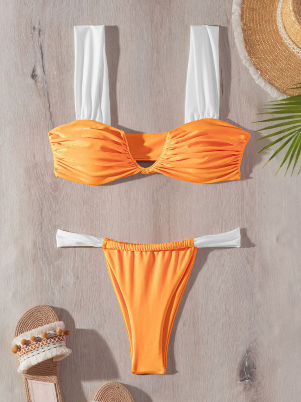 Solid Color Push-Up Pleated Bikini Set – V-Wire Top & High-Cut Bottom