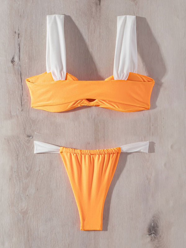 Solid Color Push-Up Pleated Bikini Set – V-Wire Top & High-Cut Bottom