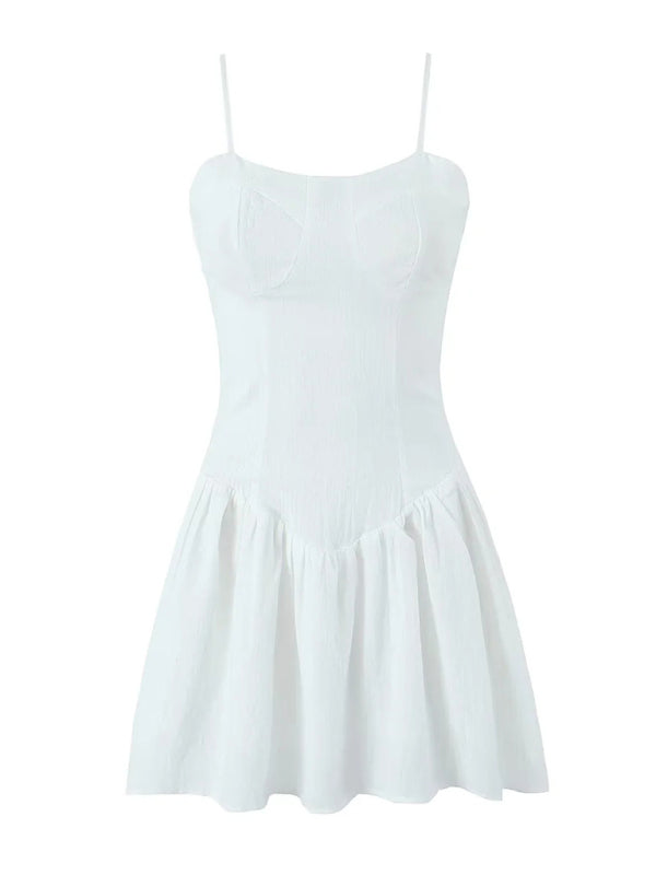 Slim-Fit White Suspender Dress – Cotton Blend, Sexy French Summer Look