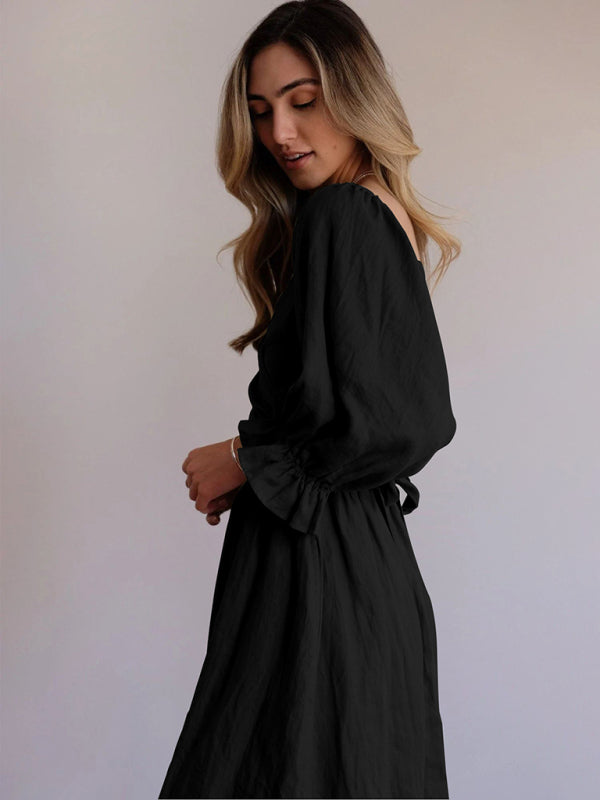 Ruffle Lantern Sleeve Midi Dress with Rope Belt – Spring-Summer Style