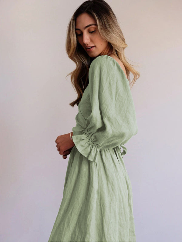 Ruffle Lantern Sleeve Midi Dress with Rope Belt – Spring-Summer Style