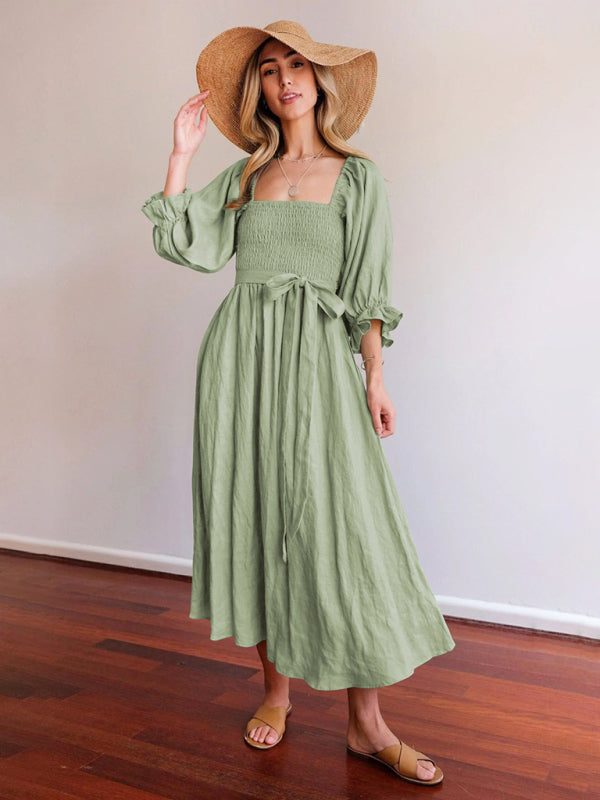 Ruffle Lantern Sleeve Midi Dress with Rope Belt – Spring-Summer Style