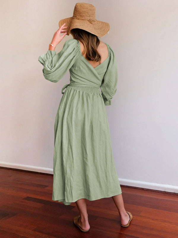 Ruffle Lantern Sleeve Midi Dress with Rope Belt – Spring-Summer Style