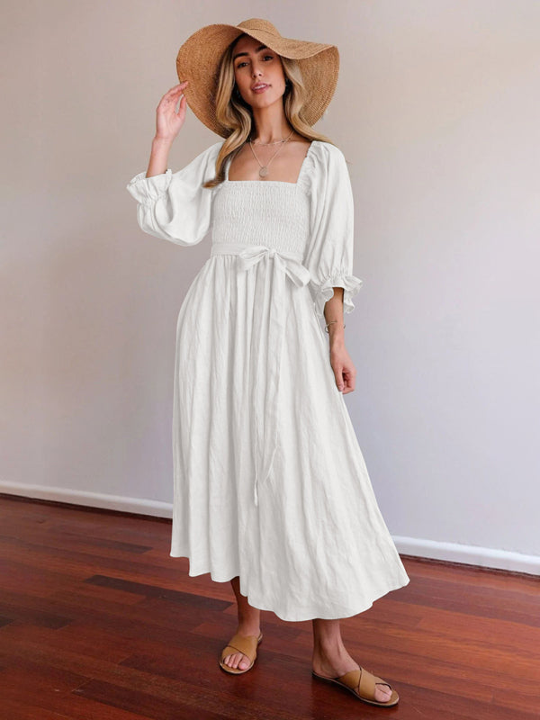 Ruffle Lantern Sleeve Midi Dress with Rope Belt – Spring-Summer Style