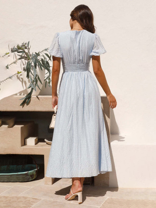 V-Neck Puff Sleeve Maxi Dress – Oversized Waist, Spring Summer Staple