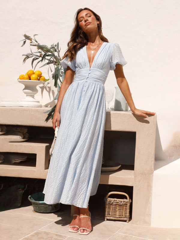 V-Neck Puff Sleeve Maxi Dress – Oversized Waist, Spring Summer Staple