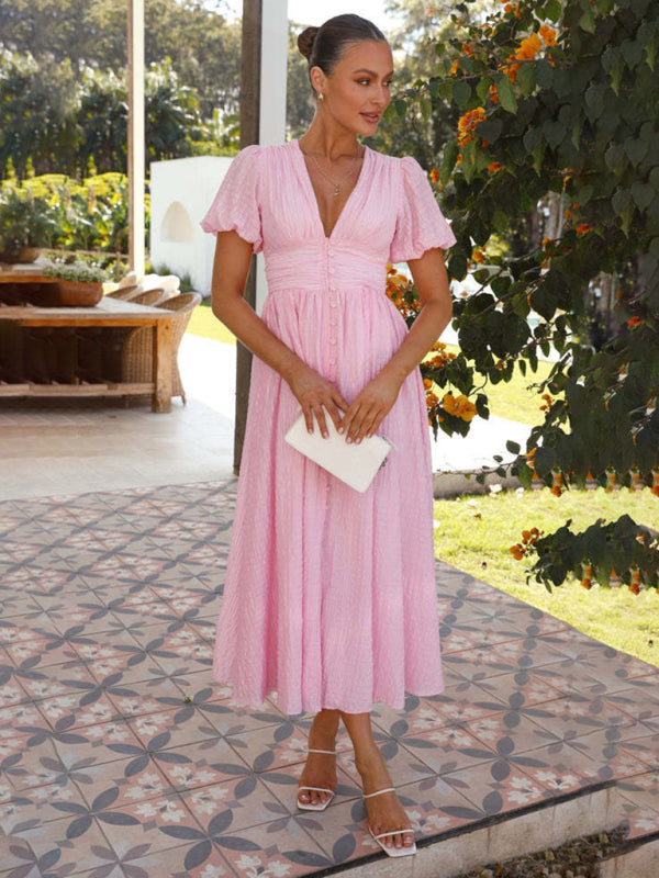V-Neck Puff Sleeve Maxi Dress – Oversized Waist, Spring Summer Staple