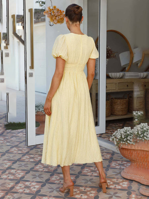 V-Neck Puff Sleeve Maxi Dress – Oversized Waist, Spring Summer Staple