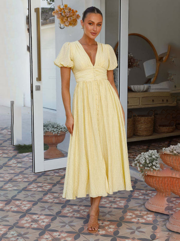 V-Neck Puff Sleeve Maxi Dress – Oversized Waist, Spring Summer Staple