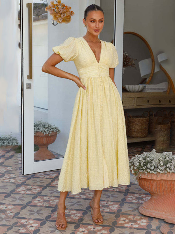 V-Neck Puff Sleeve Maxi Dress – Oversized Waist, Spring Summer Staple