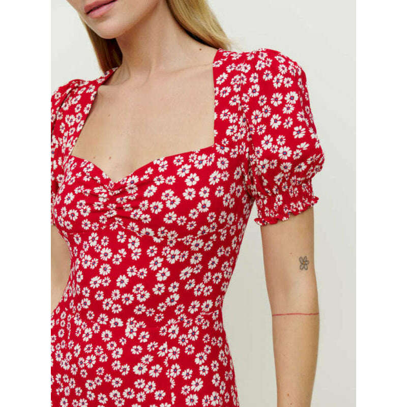 vestido largo floral con escote cuadrado, manga corta y abertura – estilos románticos de verano sonriendo María --- todo para mujeres 34652219