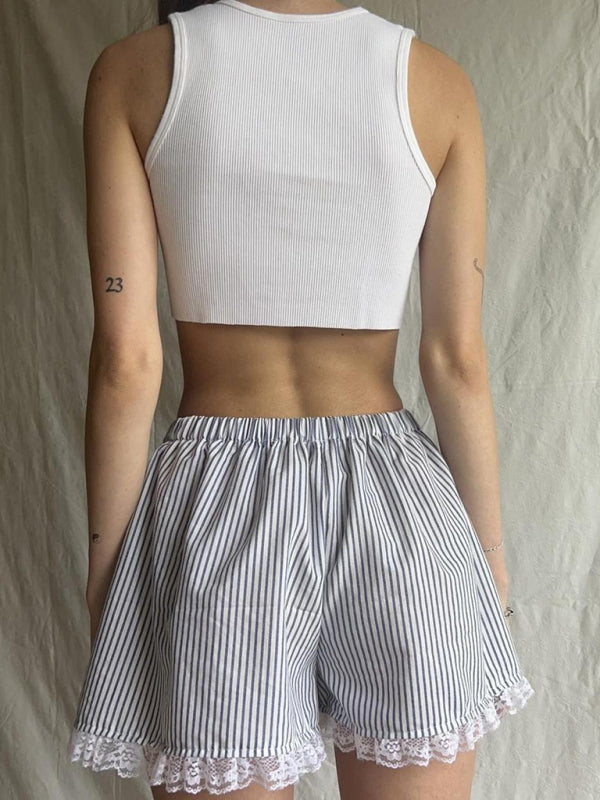 Lace Spliced Printed Outerwear Shorts – Lightweight Spring Summer Lounge Bottoms