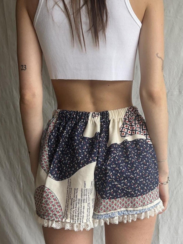 Lace Spliced Printed Outerwear Shorts – Lightweight Spring Summer Lounge Bottoms